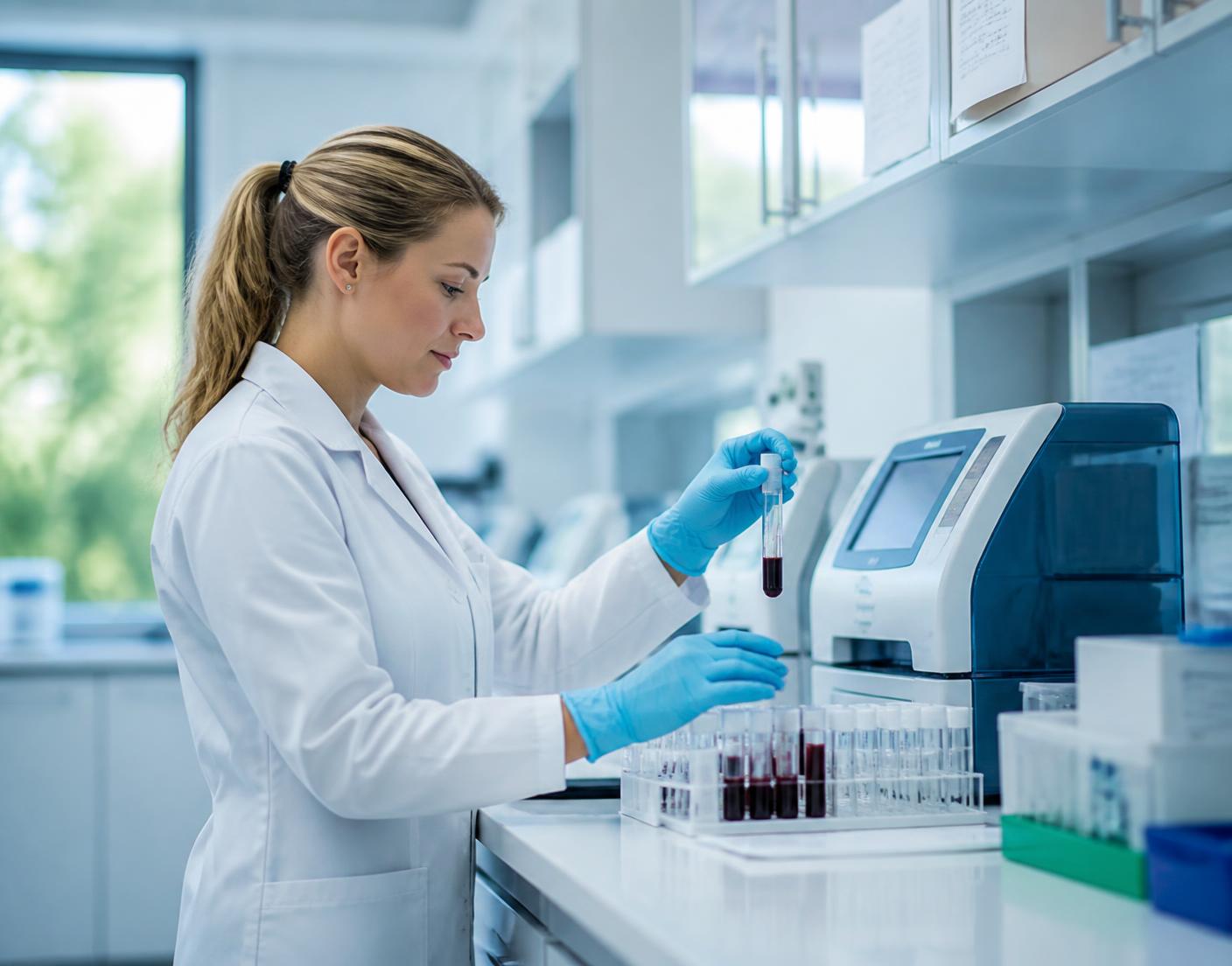 Lab technician handling blood sample tubes inside a modern clinical laboratory