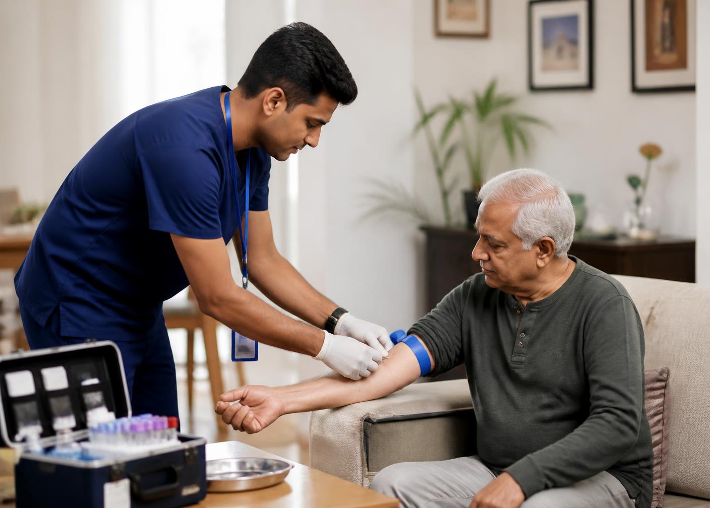 Healthcare professional collecting a blood sample at a patient's home
